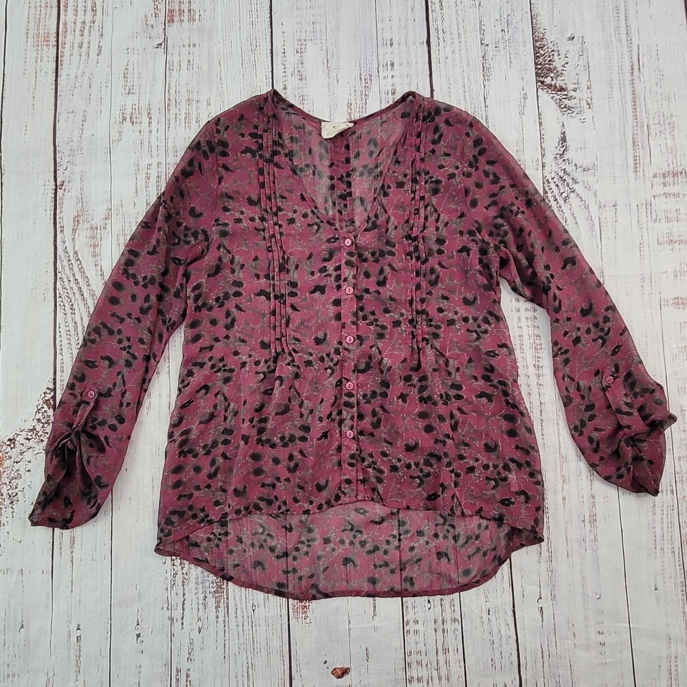 Pins and Needles Dark Pink Floral Roll Tab Sleeve Sheer Button Front Blouse XS